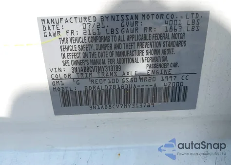 2021 Nissan Sentra Sv Xtronic Cvt from USA, damaged, VIN 3N1AB8CV7MY313789